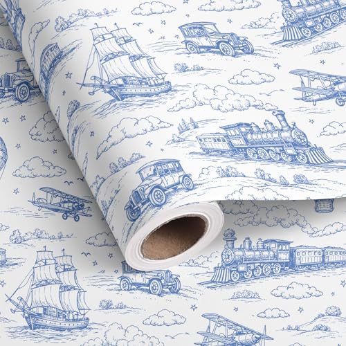 Dlyrroba Blue Transport Wrapping Paper Roll - Toile White Blue Train Ship Plane Car Design Gift Wrap for Kids Birthday Baby Shower 17 Inch x 16.5 Feet