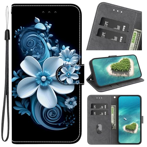 Cover per Huawei P20 LITE, Custodia Magnetica Portafoglio Flip [Antiurto] [Cavalletto] [Carta Fessura] in PU Pelle - Effetto 3D Blu Quadro di fiori bianchi