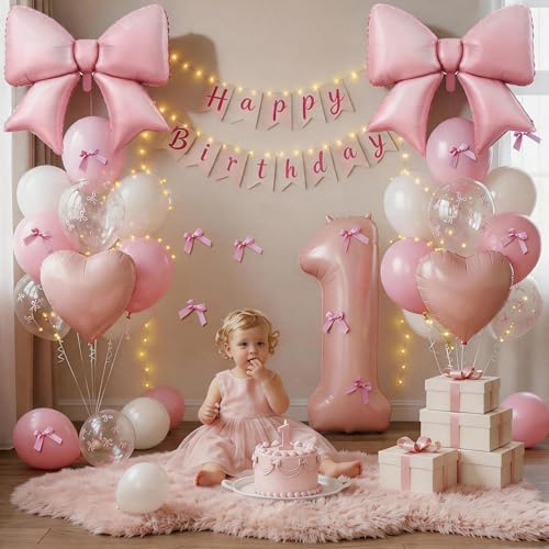 Image of 1st Birthday Decorations for Girls,Pink Bow Balloons for Party Decorations