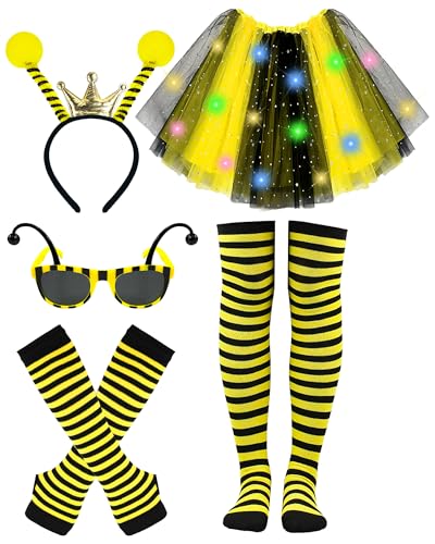 5pcs Light Up Bee Costume Accessories for Women, LED Yellow Tutu Skirt, Bopper Antenna Headband,...