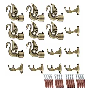 GLOXY Aluminium Swan Bird Shape Set of 4 Curtain Brackets for Curtain Designer Parda Holder with Support 1 Inch Curtains Rod Pocket Finials and Support Fittings for Door & Window-Antique