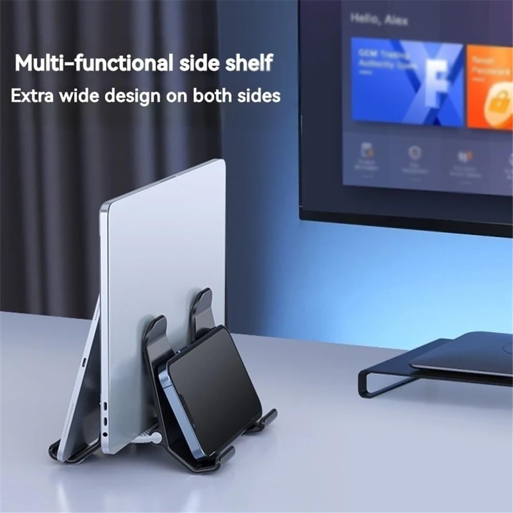Soporte vertical ajustable para laptop, para escritorio, con bloqueo automático de gravedad, plástico con estante lateral (blanco)