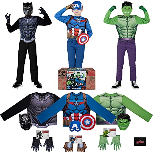 MARVEL Avengers Child Halloween Costume Dress-Up Box - Medium-Size Tops, Gloves, and Plastic Masks of Captain America, Hulk and Black Panther - Size M...