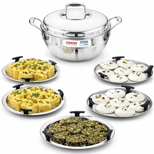 Vinod Platnium Triply Stainless Steel Multi kadai/Idli Maker | 4 L, 26 cm, 5 Plates for Idli, Dhokla & Patra | Induction & Gas Compatible Momo/Modak P