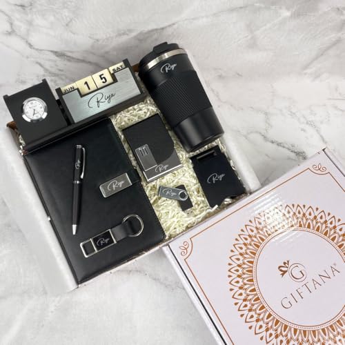 Image of Giftana 8 in 1 Personalized Corporate Gift Set, Customized Name Diary, Tumbler, Metal Pen, Card Holder, Keychain, Pen Drive, Mobile Stand & Desk Organizer, Diwali Gifts, Black Office Gift Combo