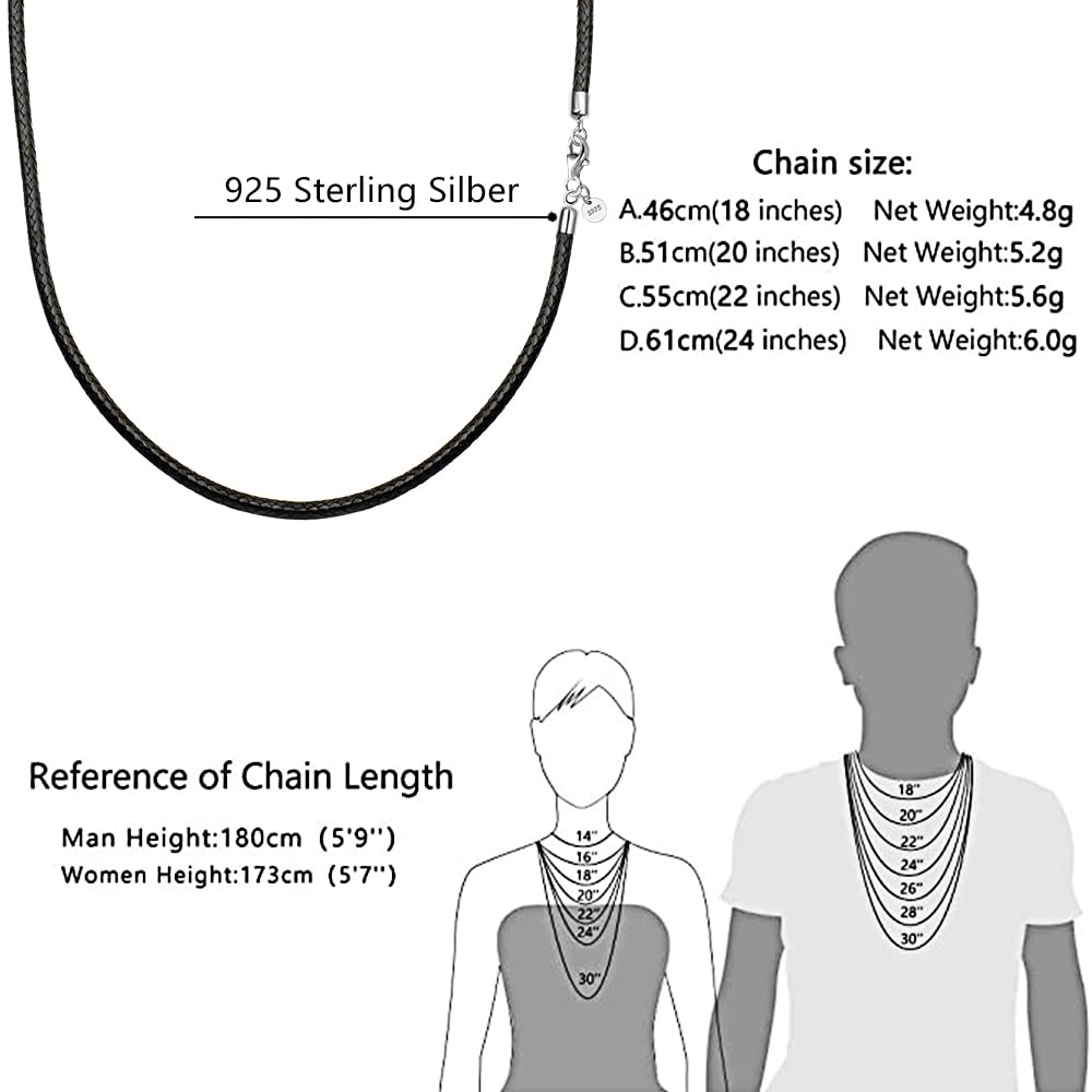 Collana in pelle per uomo donna 925 fibbia in argento catena a corda impermeabile 45,7 cm - 61,7 cm opzionale 2,5 mm catena corda fai da te per ciondolo con confezione regalo