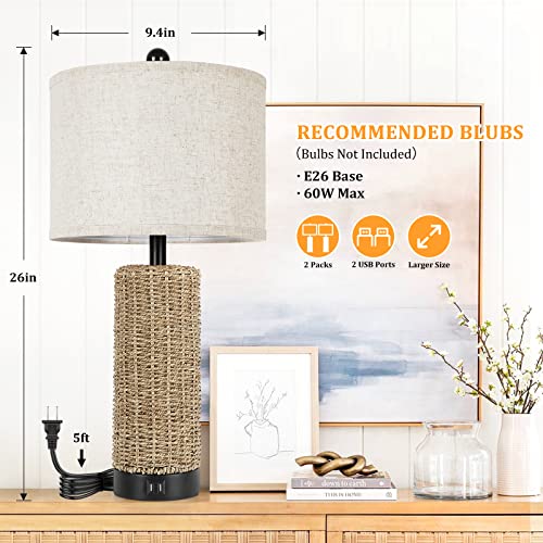 Beslowe Farmhouse Table Lamp For Bedroom, Set Of 2 Bedside Table Lamps With Handmade Seagrass Base And 2 Usb Ports, Rustic Rattan Nightstand Lamps For Coastal Living Room Home #TOP4