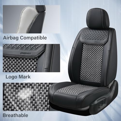 Image of Coverado Leather Seat Covers for Car, Waterproof Car Seat Covers Full Set, 2 in 1 Conversions Car Seat Cover Protector Car Accessories Universal Fit for Most Cars SUVs and Trucks (Black&Gray)