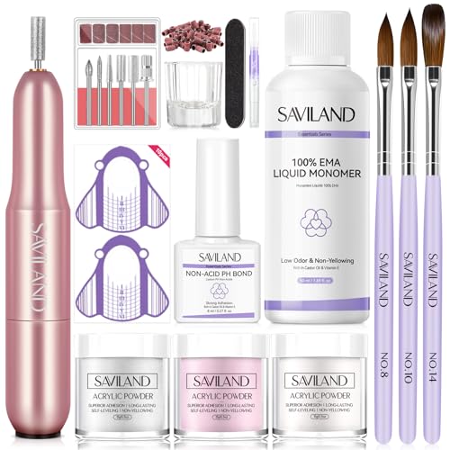 SAVILAND Essentials Acrylic Nail Kit with Drill: Beginner Nail Kit with Keratin Colored Acrylic Nail Powder, MMA-free Monomer Liquid, Primer, Brushes, Forms & Tools for DIY Nail Art Extension Home Use