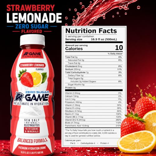 Image of A-GAME Zero Sugar Electrolyte Drink, Strawberry Lemonade Flavor, 12 Pack