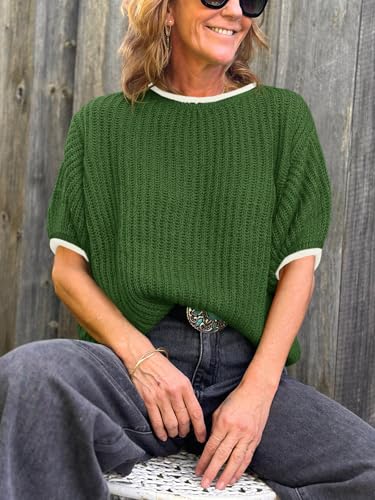 Image of Saodimallsu Womens Puff Short Sleeve Sweater Tops Spring Summer Color Block Ribbed Knit Crew Neck Going Out Shirts
