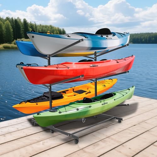 Adjustable Kayak Storage Rack with Wheels - Heavy Duty Freestanding Kayak Stand, Metal Stand for...