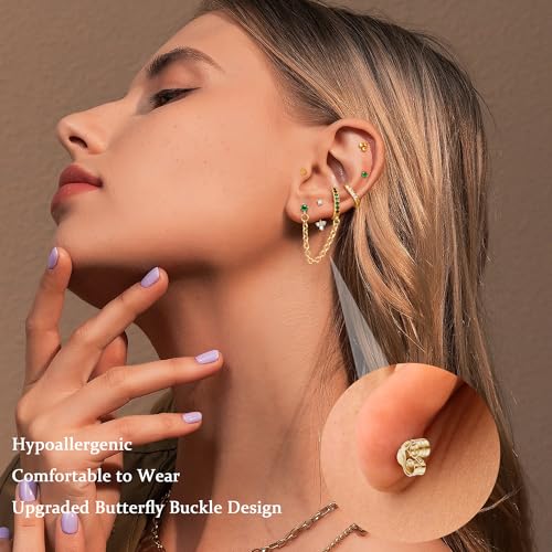 LOYALLOOK Gold Earrings for Women 14K Gold Plated Stud Hoop Earring Stacks for Multiple Piercing Hypoallergenic Surgical Steel Stud Earrings Gold Hoop Earrings Sets Lightweight2