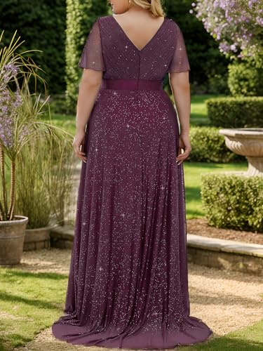 Image of Ever-Pretty Plus Women's Glitter Formal Dress Evening Gown for Gala V-Neck Short Sleeve Floor Length Plus Size Prom Dresses