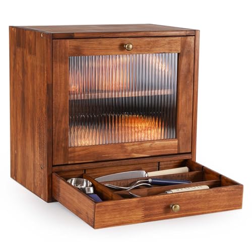 GUUSII HOME Panera Madera Caja de Pan Gran Capacidad 2 Niveles Paneras para Guardar el Contenedores Vintage Soporte Casero Alimento Contenedor Magnético con Cajón y Ventana Acrílica (Marrón)