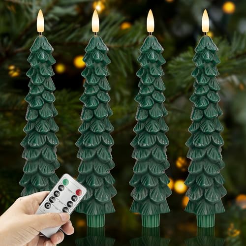Image of Christmas Tree Candles with Remote, 4 Pack Green Flameless Taper Candles Battery Operated, Real Wax 9.6 Inch Flickering Led Christmas Tree Candlesticks Decorations for Winter Home Holiday Xmas Gift