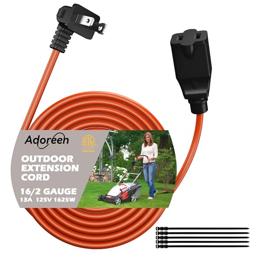 90 Degree 2 Prong Polarized Outdoor Power Extension Cord 15 FT Angled Low-Profile Plug 16 Gauge 125V SJTW Waterproof Long Cable for Home Office Lawnmower Garden Tools Lights ETL+Ties-Bright Orange