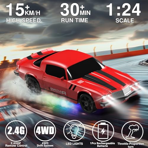 Image of RC Drift Car 1:24 Remote Control Car 4WD 15KM /H High Speed Racing Sport Car with LED Lights RC Cars Toy for Kids Boys Girls Adults Gifts Birthday Christmas