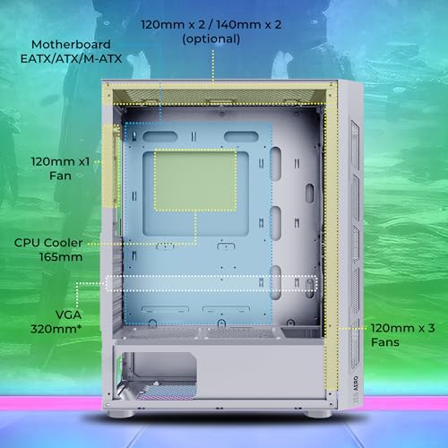 Image of Zebronics AERO Gaming Cabinet with 3 x 120mm Front ARGB LED Fans, Rear hinged Side Glass Panel & 4 x120mm ARGB LED Fans, Front and Side Tempered Glass (White)