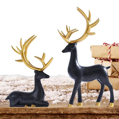 Decorazione natalizia in resina renna | Statua di renna in resina - 2x Statue di cervo Figura di alce, Statua di cervo in piedi e seduta, Scultura di alce Figura in miniatura, natalizi
