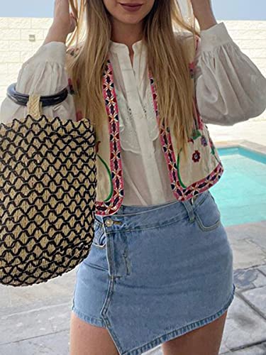 Qianderer Damen Vintage Stickerei Blumen Weste Y2k Leinen Offene Vorderseite Ärmellos Cardigan Mode Blumenweste, S