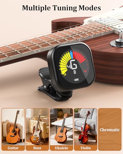 Image of New Bee Guitar Tuner Clip-On Rechargeable with Color Screen 360 Rotatable Acoustic Chromatic Open Tuning for Guitar, Bass, Ukulele, Violin (Black, 2 Pack)