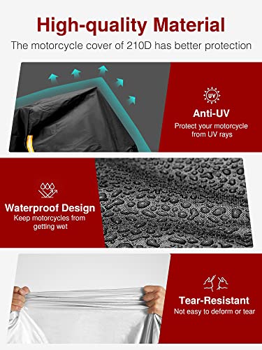 Image of Puroma Motorcycle Cover, XX-Large Waterproof Motorbike Cover Outdoor Indoor Scooter Shelter Protection with 4 Reflective Strips for Harley Davidson, Honda, Suzuki, Kawasaki, Yamaha (Black & Silver)