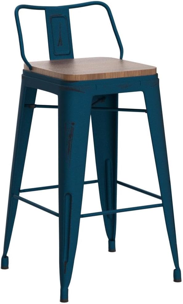 Andeworld Bar Stools Set of 4 Counter Height Stools Industrial Metal Barstools with Wooden Seats(24 Inch, Distressed Navy)