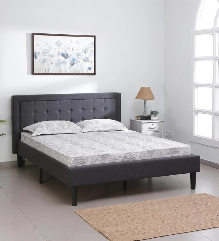 Image of Mintwud Pepperfry Upholstered Queen Size Bed Without Storage for Bedroom Furniture Solid Wood Fabric Bed Wooden Double Bed Cot Palang for Living Room Home and Hotels (Black Finish)