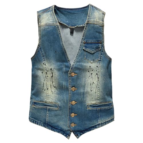 Men's Button V-Neck Denim Vest Slim Fit Sleeveless Outdoor Jacket Casual Motorcycle Jean Vests