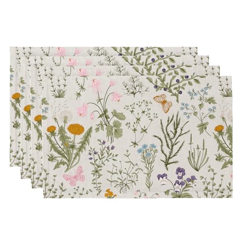 QIYI Boho Placemats Set of 4, 12x18 Inch Linen Fabric Floral Place Mats for Kitchen Dinning, Farmhouse Rustic Cloth Table Mats, Washable Placemat Botanical Party Table Décor, Wildflowers Herbs