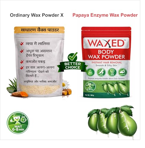 Image of WAXED Body Wax Powder Waxing Kit for Women | Instant Hair Removal | Papaya Enzyme Activator | Full Body Wax | 100g Powder + 100ml Activator | With Bowl, Spoon & Brush Included.(Pack of 2)