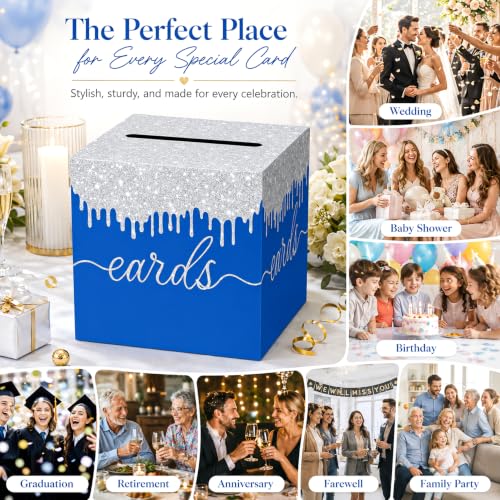 Image of Blue Silver Card Box with Slot for Graduation, Wedding and Birthday Party