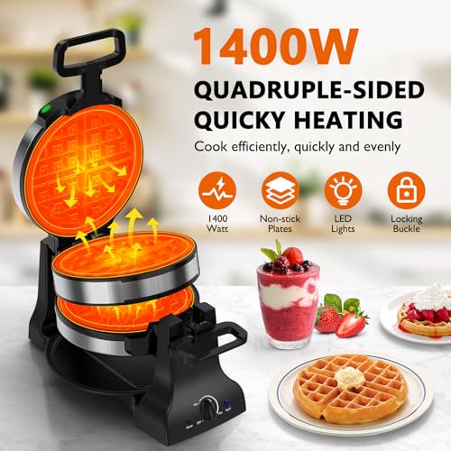 Image of Waffle Maker, 1400W Belgian Waffle Maker, Double Waffle Iron 180 Flip, Rotating Nonstick Plates, Adjustable Browning Control, Locking Buckle & Cool Touch Handle, Removable Drip Tray, Stainless Steel