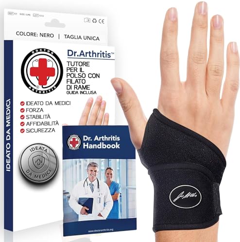 Tutore Polso con Rivestimento in Rame Ideato da Medici – Tutore Polso Sinistro e Destro per Tunnel Carpale – Fascia di Supporto con Chiusura a Strappo (Taglia Unica, Confezione Singola, Nero)