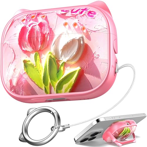 Image of for AirPods Pro 2 Case with Cleaning Kit, Cute Cat Ear Print Design & Cute Buckle for Girls, Phone Holder & Top Safe Lock Buckle Design for AirPods Pro 2nd /1st Gen case, Tulip