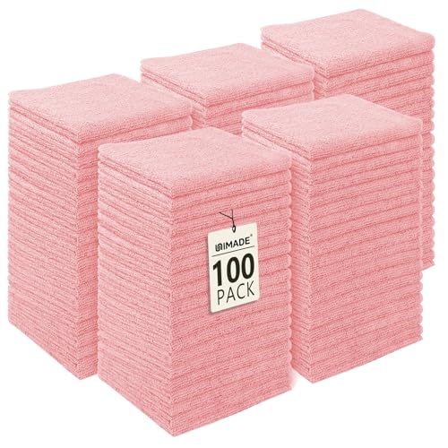 Image of UNIMADE Washcloths Bulk - 100 Pack - Face Towels (12 inch x 12 inch), Highly Soft Wash Cloths and Hand Towels, Fast Drying Multi-Purpose Microfiber Cleansing Cloths for Bathroom, Hotel, Spa, and Salon - Pink