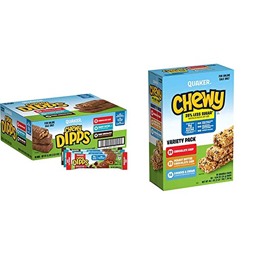 Quaker Chewy Dipps Chocolatey Covered Granola Bars, Variety Pack, 48 Bars & Chewy Granola Bars, 25% Less Sugar, 3 Flavor Variety Pack, (58 Pack)