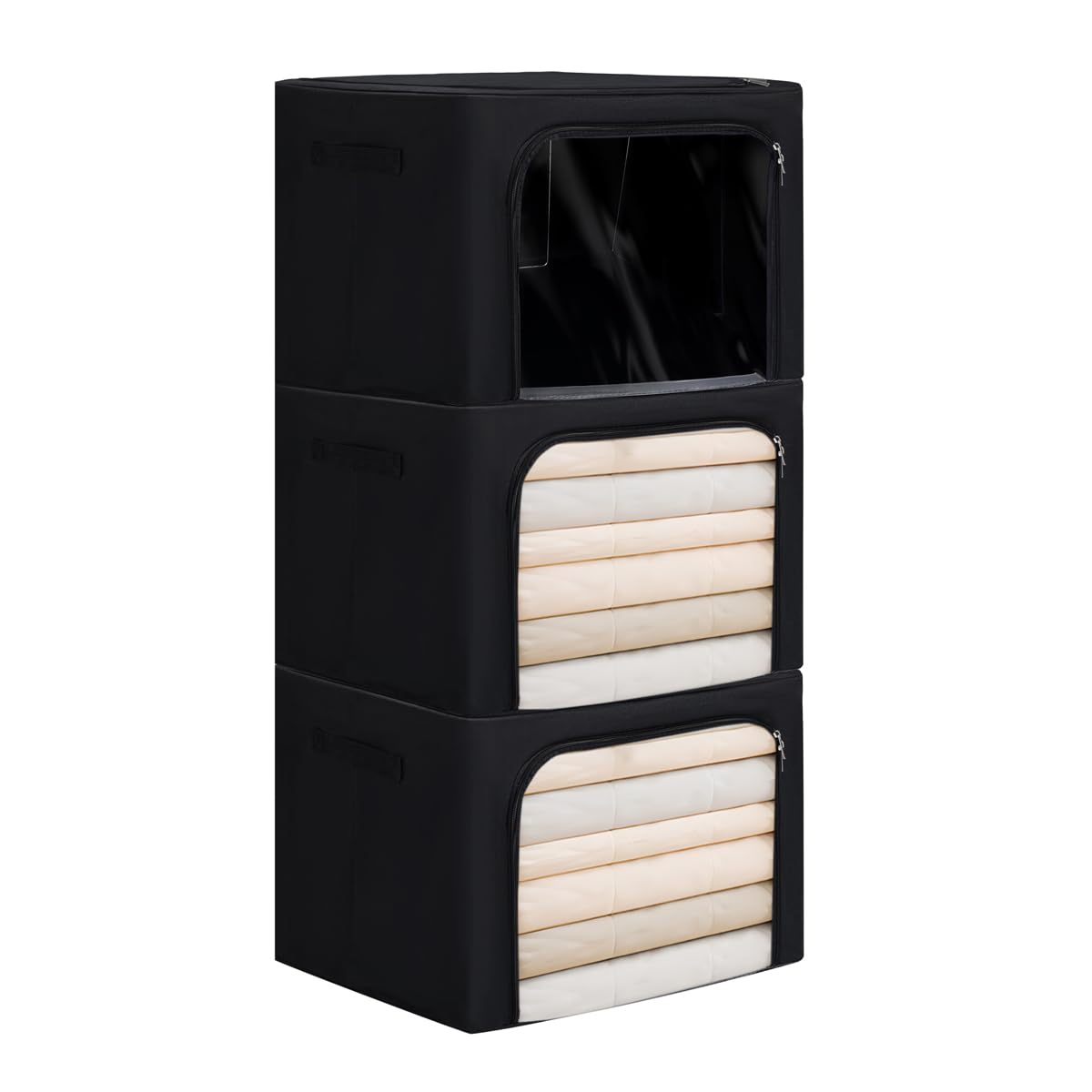 T-LOVENDO.ES Set de TRES Cajas de Almacenamiento, Ventana Transparente, Cierre Cremallera, 3X Cesta 2 Asas, Cajón Mantas Ropa, Estructura Metal, Base MDF, Cofre Tela, Organizador, Dormitorio Salón