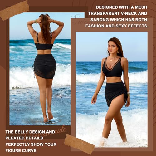 High Waisted Bikini Set Tummy Control Bikini Sets for Women, Push Up Bikinis 3 Piece Swimsuit, Adjustable Swimming Costumes for Grils Womens Beach Water Sport Black - Image 4