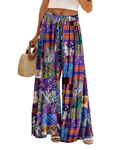 YESNO Women Summer Boho Palazzo Pants High Waist Wide Leg Floral Casual Cotton Lounge Trousers with Pockets PP0