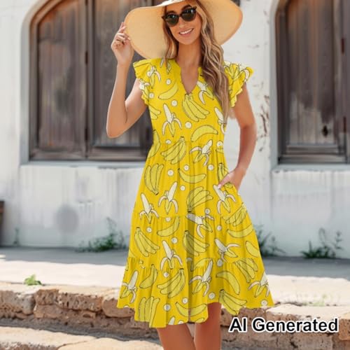Image of Women's Casual Ruffle Sleeve Dress V Neck Pullover Dress Flowy A-Line Pleated Lightweight Dress with Pockets