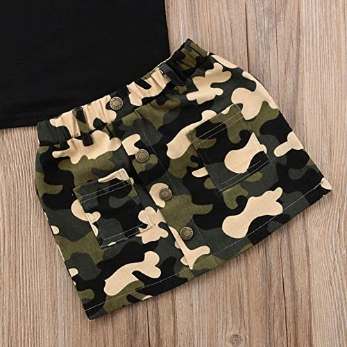 Image of Toddler Baby Girls Camouflage Outfit Black Letter Tops Shirt + Denim Skirt Dress Shorts Summer Two Piece Clothes Set