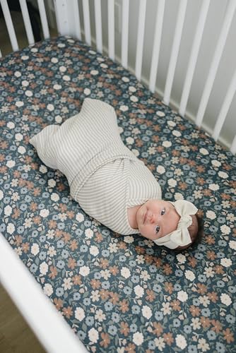 Image of Midnight Floral Muslin Crib Sheet by Mebie Baby, Soft and Breathable Bed Sheets for Babies, Modern Neutral Bedding for Cribs, Standard Crib Mattress Fitted Sheet, Great for Boy or Girl Room or Nursery
