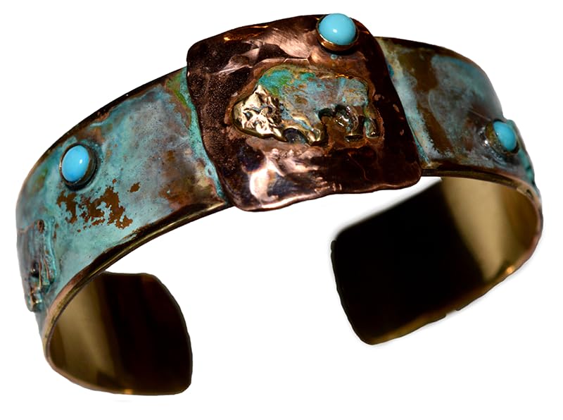 Elaine Coyne Collectible Artwear Verdigris Patina and Copper Buffalo Cuff Bracelet - Genuine Turquoise
