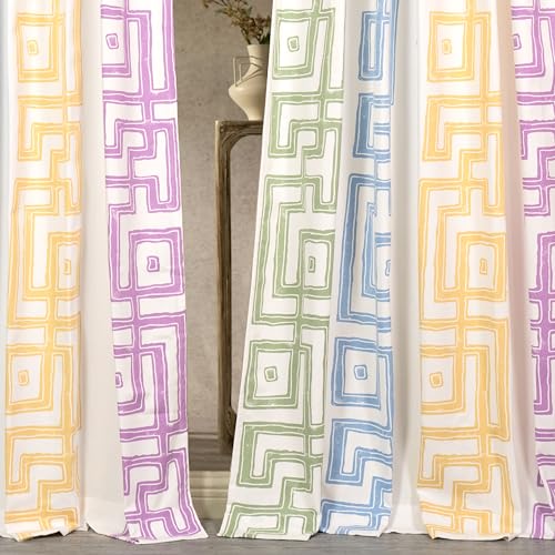 Image of Tranquebar Curtain Co.Cotton Curtains 7 Feet Long Set of 2,60-65% Room Darkening,Mauve Blue Geometric Print,Door Curtains 7 Feet Set of 2,Door Curtains 7 Feet Set of 2,BackTabs,Fret (213 cm)-Set of 2