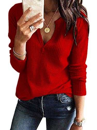 Women's V Neck Waffle Knit Henley Tops Casual Long...