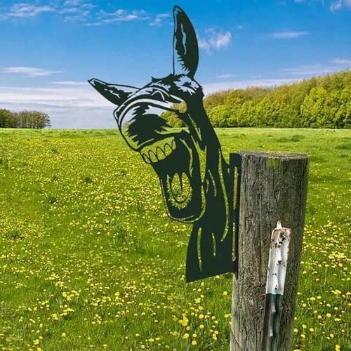 Outdoor Sculpture Funny Metal Art Donkey Silhouette,Donkey in Sunglasses,Donkey with Tongue Out,Donkey Laughing Out Loud,Garden Yard Decor Gifts Wooden Stake Fence Animal Statue (C)