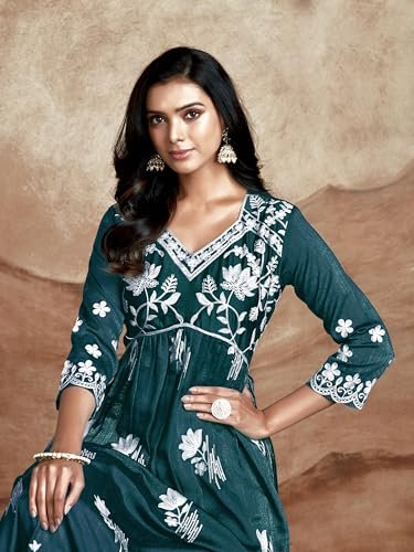 Image of EthnicJunction Women's Silk Blend Regular Fit Chikankari Embroidered Naira Cut Kurta