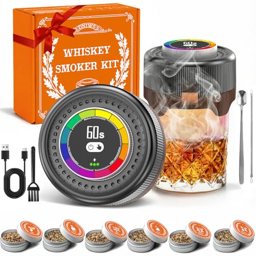 Electric Whiskey Smoker Kit with Adjustable Smoke Control (0–60s), Cocktail Smoker Kit with 6 Wood Chips, No Butane Needed, Old Fashioned Smoker Kit, Bourbon Gifts for Men, Wood Grain
